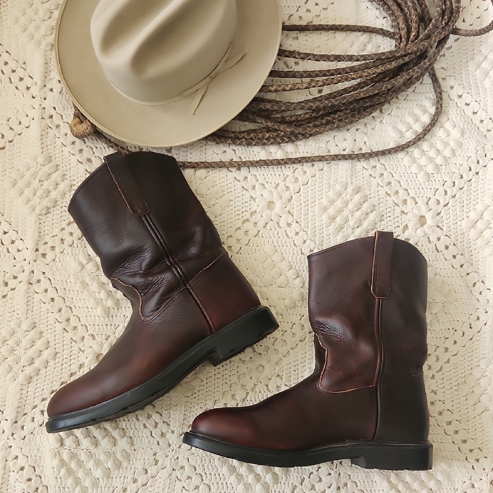Men's Brown Leather Pull-On Work Boots - Picture 2 of 10